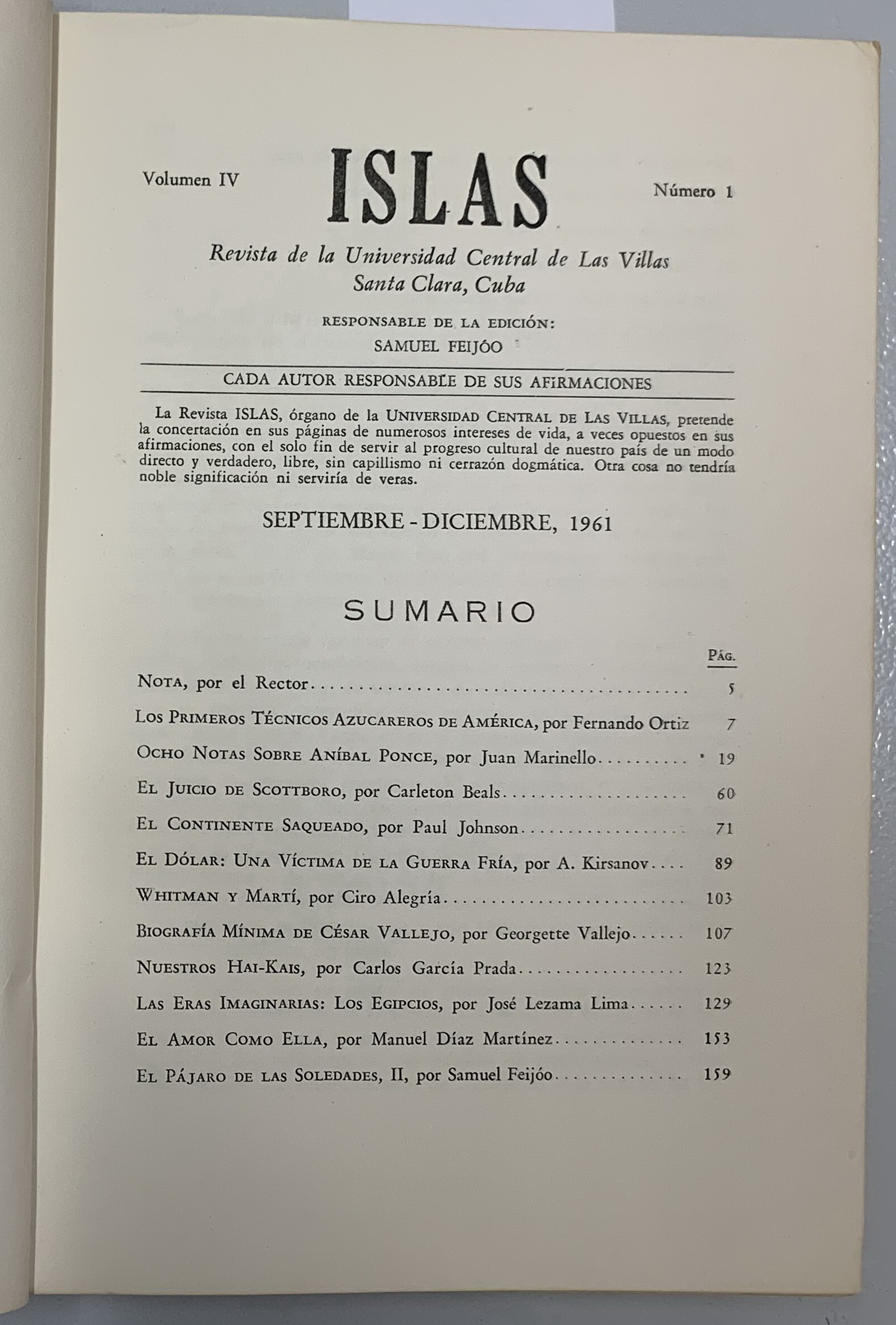 Islas. Numero 1, Volumen 4, Samuel Feijoo