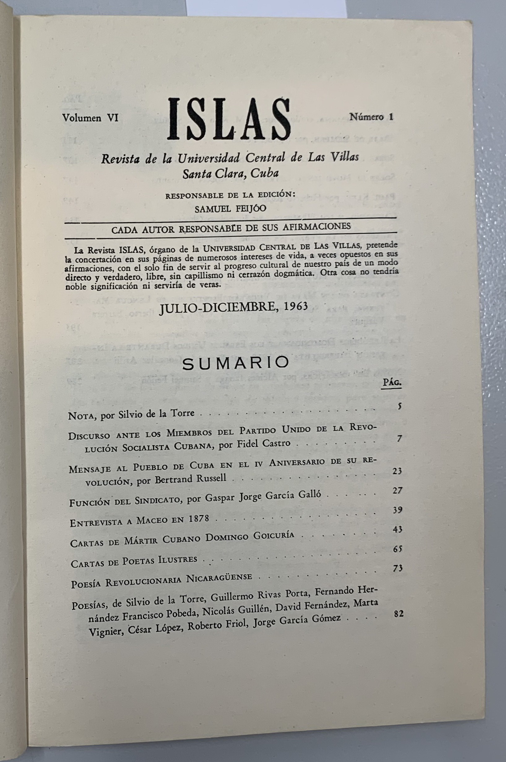 Islas. Numero 1, Volumen 6, Samuel Feijoo