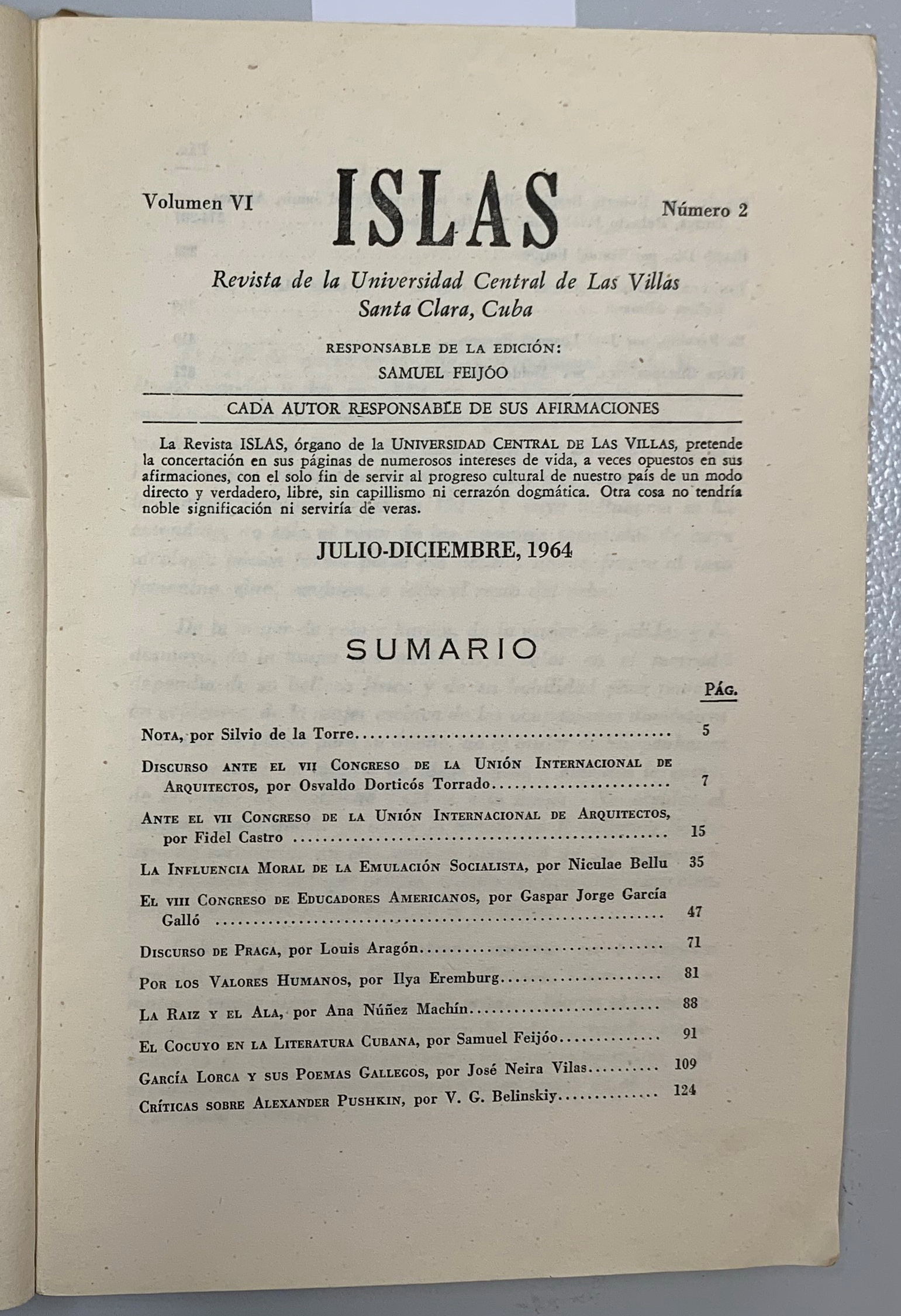 Islas. Numero 2, Volumen 6, Samuel Feijoo