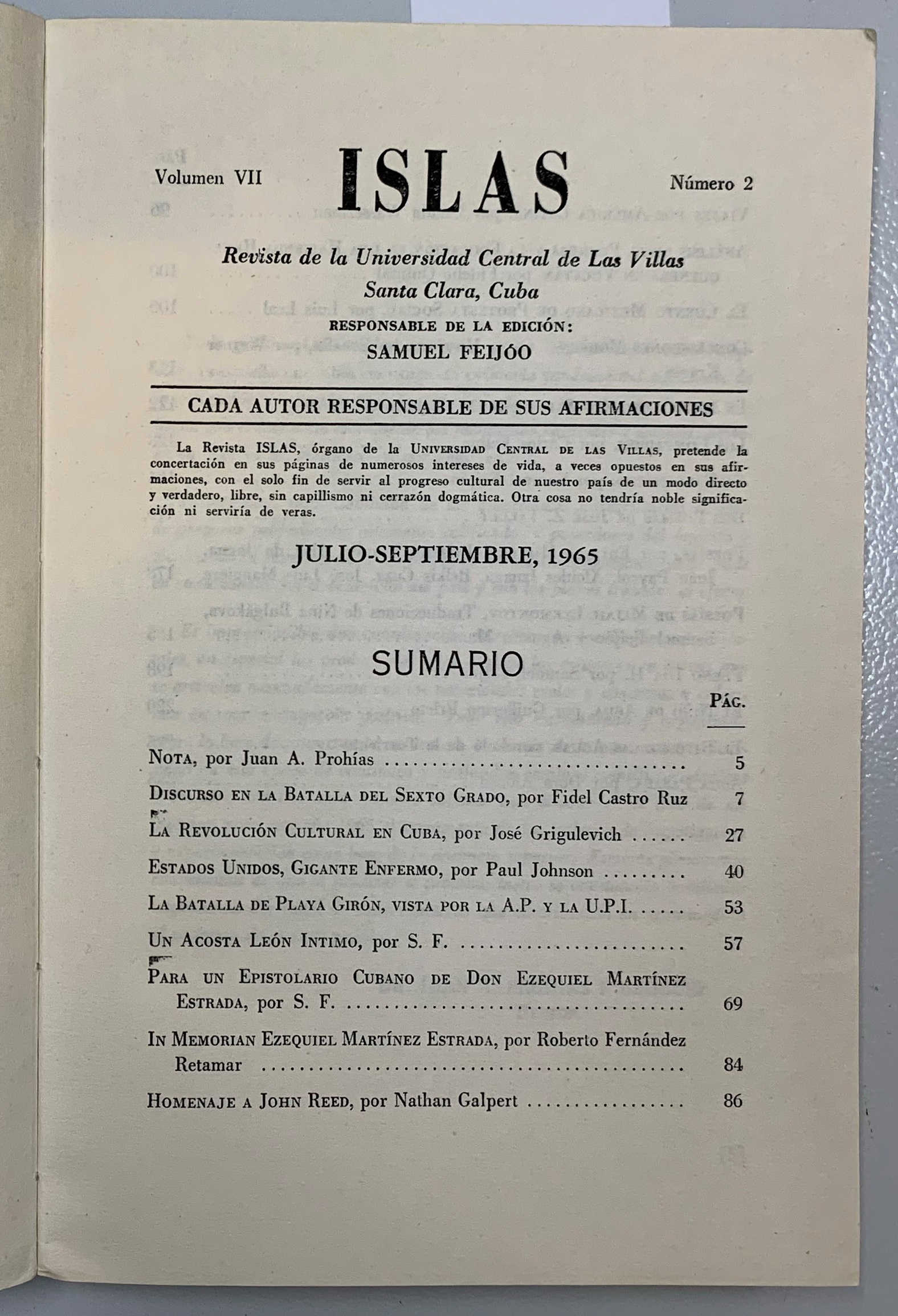 Islas. Numero 2, Volumen 7, Samuel Feijoo