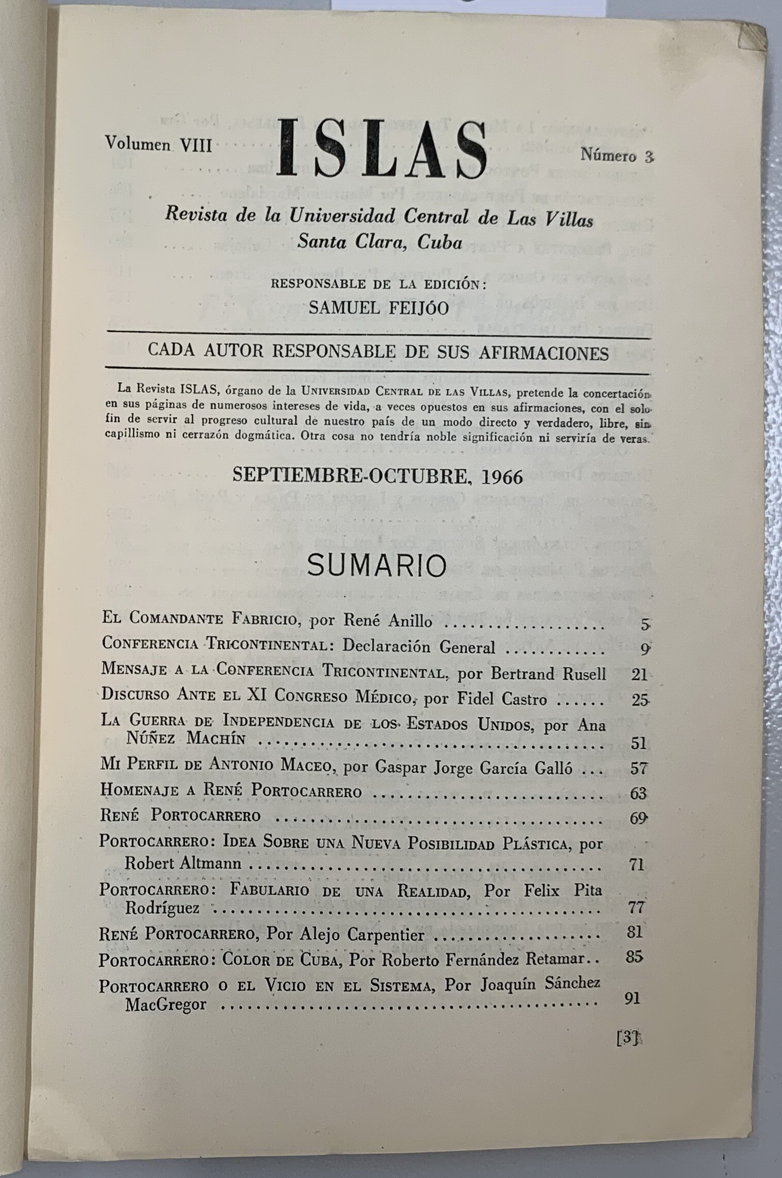 Islas. Numero 3, Volumen 8, Samuel Feijoo