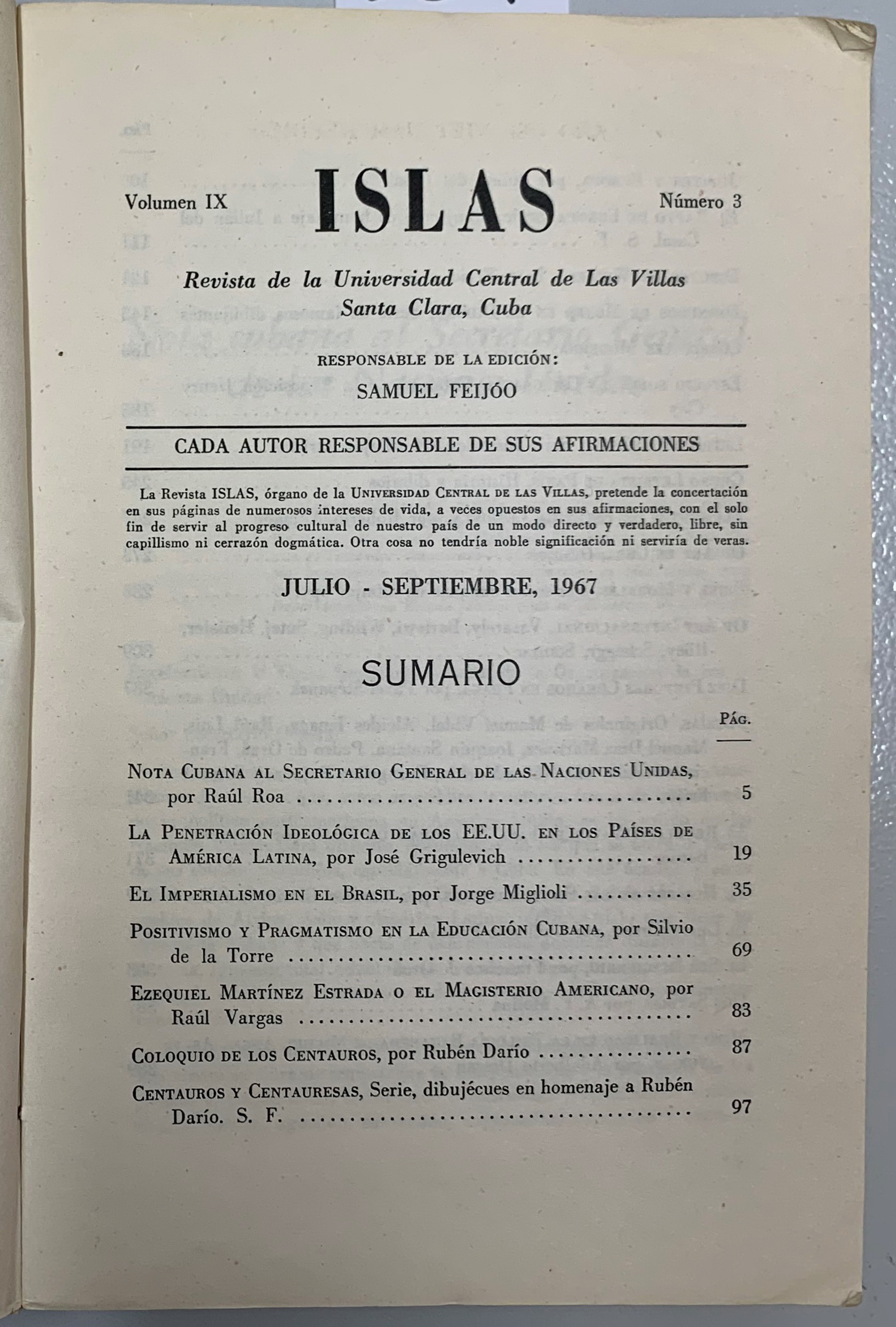 Islas. Numero 3, Volumen 9, Samuel Feijoo