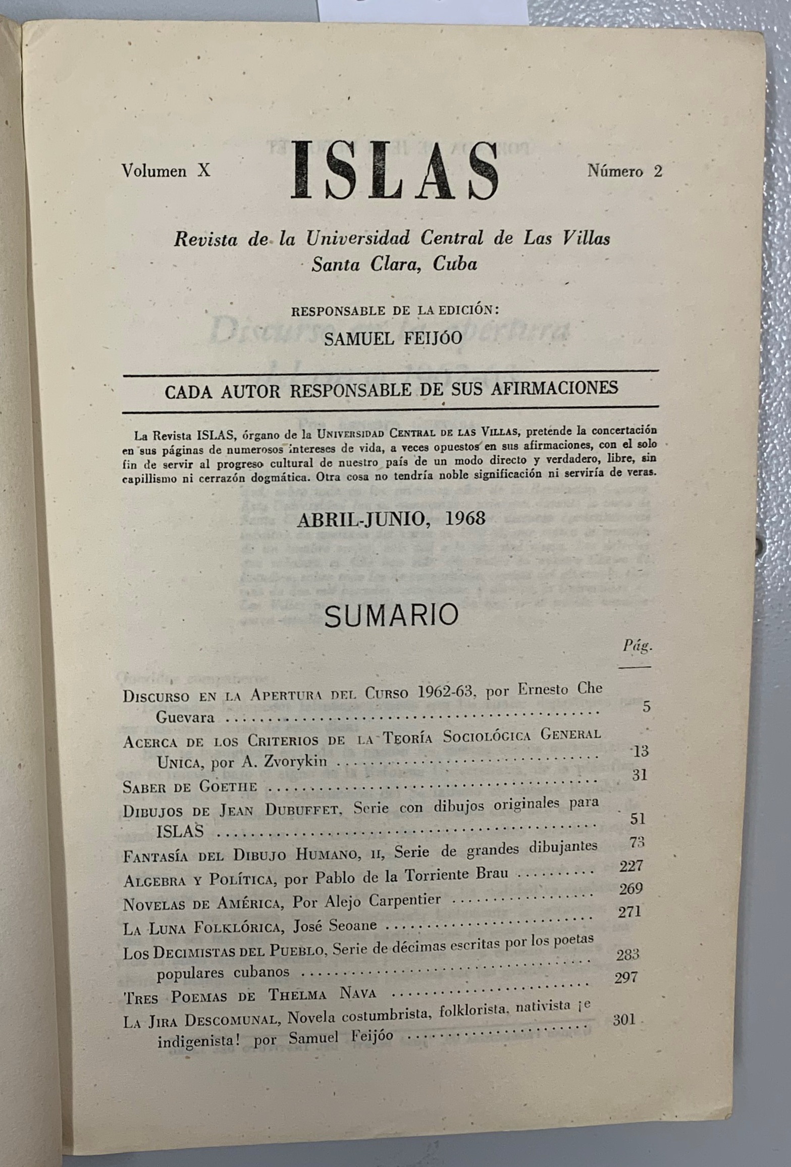 Islas. Numero 2, Volumen 10, Samuel Feijoo